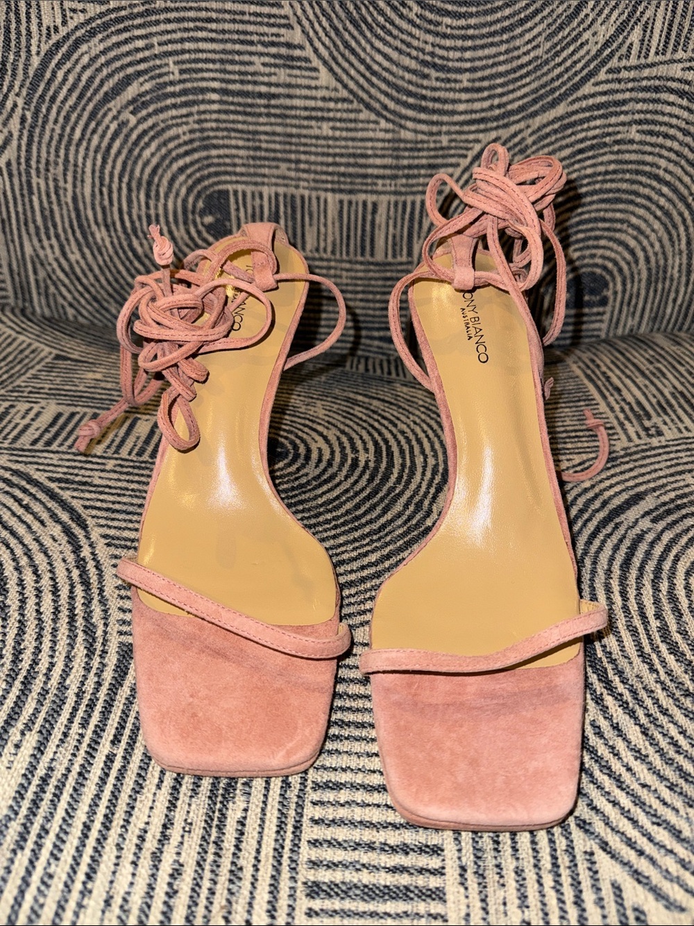 Tony Bianco Blush Pink Suede Lace-Up Square-Toe Heels